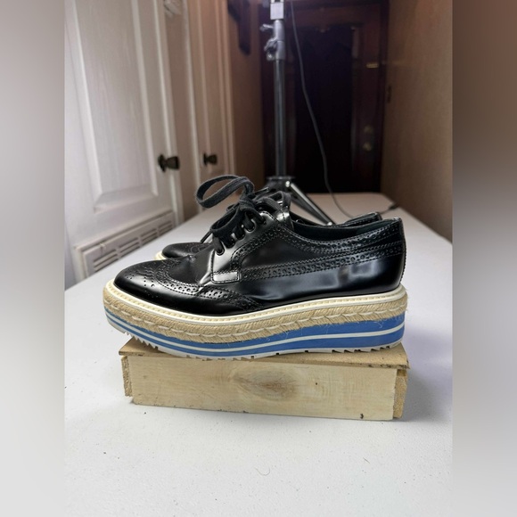 PRADA Black White Blue Perforated Wingtip Shoes Sz 37 / US 7 - Picture 4 of 13
